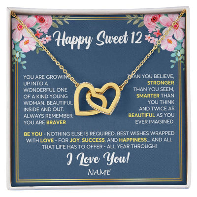 Interlocking Hearts Necklace 18K Yellow Gold Finish | Personalized Happy Sweet 12 For Girls Necklace Sweet Twelve 12th Birthday Gifts For 12 Twelve Old For Girl Niece Daughter Customized Gift Box Message Card | siriusteestore