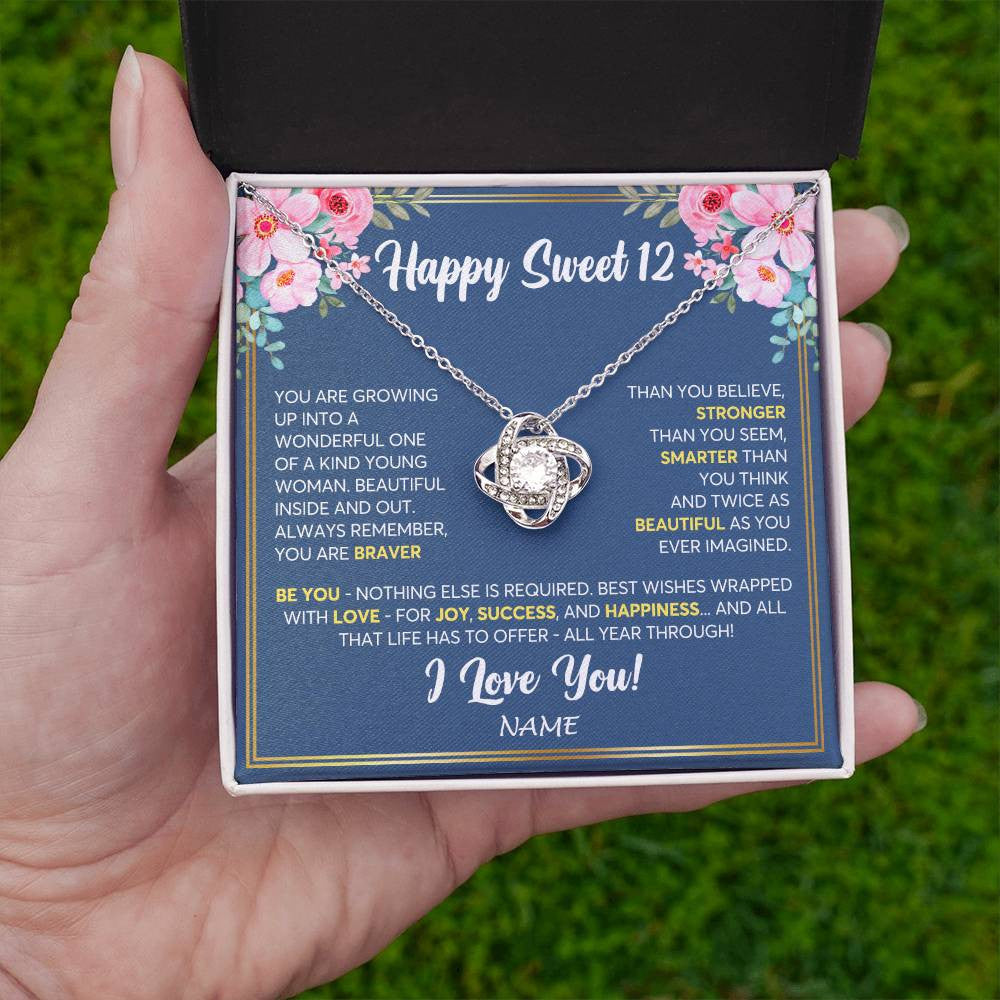 Love Knot Necklace 14K White Gold Finish | Personalized Happy Sweet 12 For Girls Necklace Sweet Twelve 12th Birthday Gifts For 12 Twelve Old For Girl Niece Daughter Customized Gift Box Message Card | siriusteestore