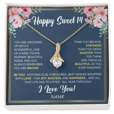 Alluring Beauty Necklace 18K Yellow Gold Finish | Personalized Happy Sweet 14 For Girls Necklace Sweet Fourteen 14th Birthday Gifts For 14 Fourteen Old For Girl Niece Daughter Customized Gift Box Message Card | siriusteestore