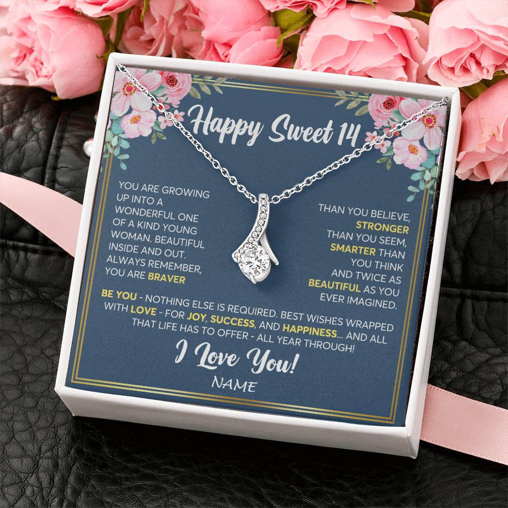 Alluring Beauty Necklace 14K White Gold Finish | Personalized Happy Sweet 14 For Girls Necklace Sweet Fourteen 14th Birthday Gifts For 14 Fourteen Old For Girl Niece Daughter Customized Gift Box Message Card | siriusteestore