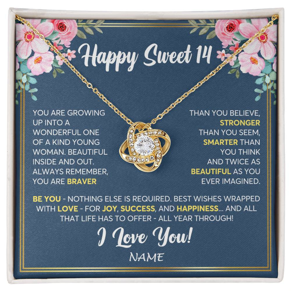 Love Knot Necklace 18K Yellow Gold Finish | Personalized Happy Sweet 14 For Girls Necklace Sweet Fourteen 14th Birthday Gifts For 14 Fourteen Old For Girl Niece Daughter Customized Gift Box Message Card | siriusteestore