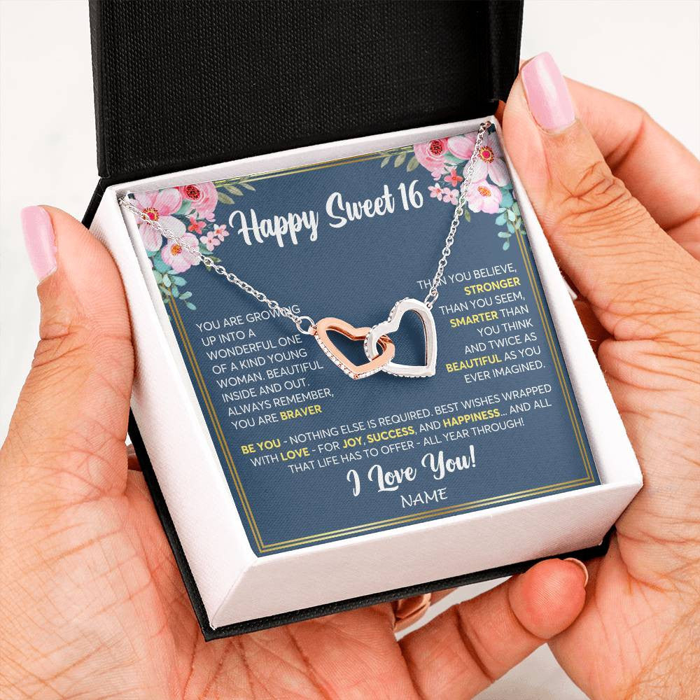 Interlocking Hearts Necklace Stainless Steel & Rose Gold Finish | Personalized Happy Sweet 16 For Girls Necklace Sweet Sixteen 16th Birthday Gifts For 16 Sixteen Old For Girl Niece Daughter Customized Gift Box Message Card | siriusteestore