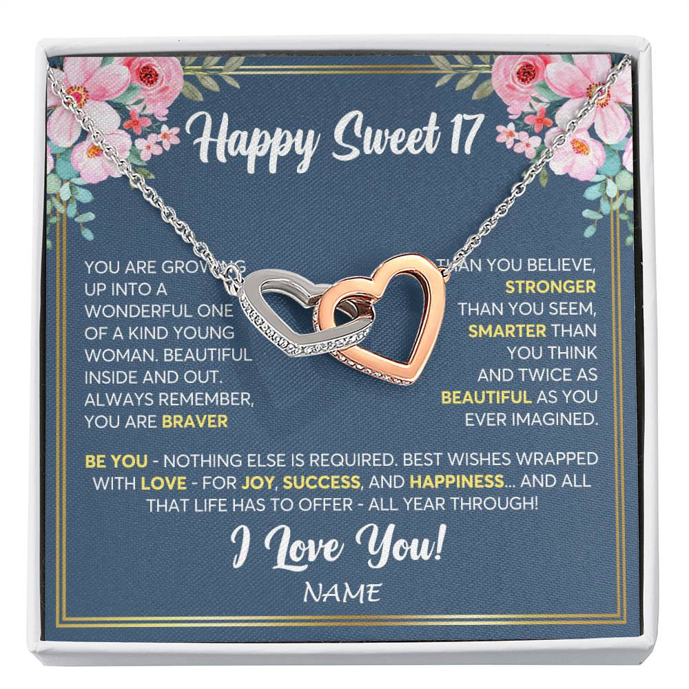 Interlocking Hearts Necklace Stainless Steel & Rose Gold Finish | Personalized Happy Sweet 17 For Girls Necklace Sweet Seventeen 17th Birthday Gifts For 17 Seventeen Old For Girl Niece Daughter Customized Gift Box Message Card | siriusteestore