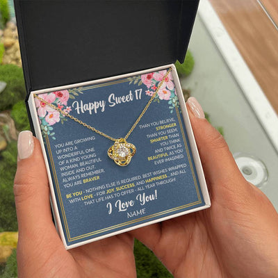 Love Knot Necklace 18K Yellow Gold Finish | Personalized Happy Sweet 17 For Girls Necklace Sweet Seventeen 17th Birthday Gifts For 17 Seventeen Old For Girl Niece Daughter Customized Gift Box Message Card | siriusteestore