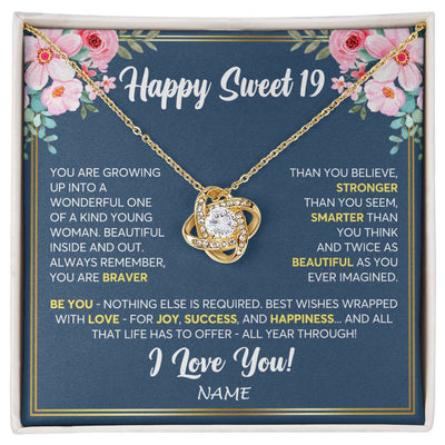 Love Knot Necklace 18K Yellow Gold Finish | Personalized Happy Sweet 19 For Girls Necklace Sweet Nineteen 19th Birthday Gifts For 19 Nineteen Old For Girl Niece Daughter Customized Gift Box Message Card | siriusteestore