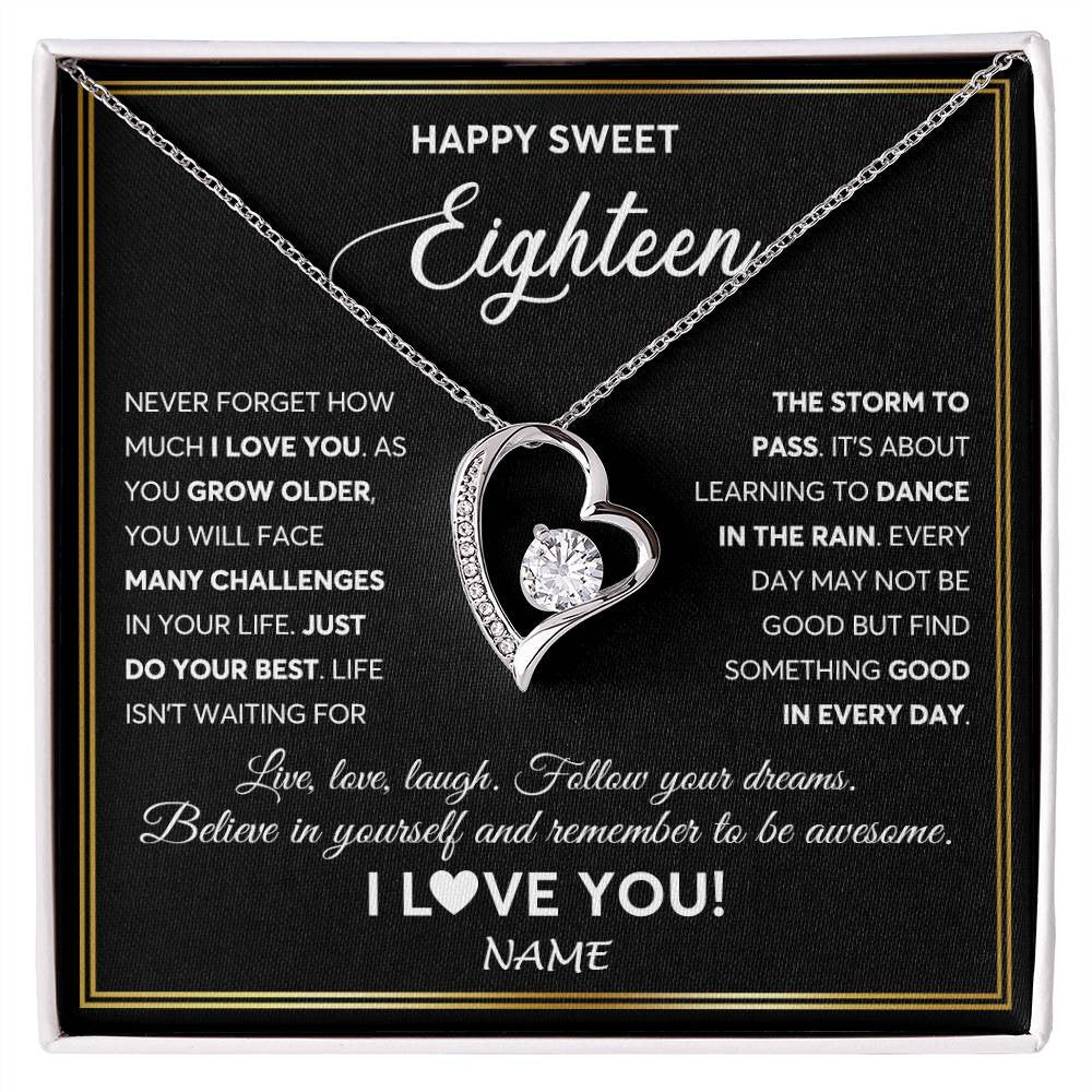 Forever Love Necklace 14K White Gold Finish | Personalized Happy Sweet Eighteen Necklace Sweet 18 Gifts For Girls Birthday Jewelry 18 Eighteen Old Niece Daughter From Mom Dad Customized Gift Box Message Card | siriusteestore
