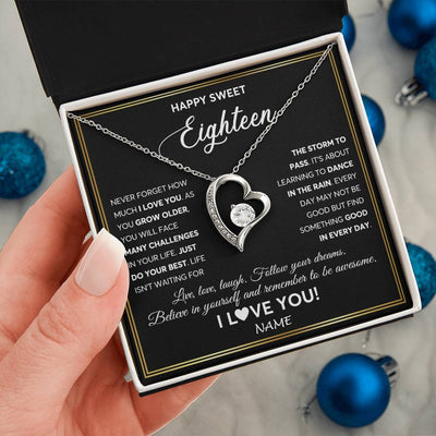 Forever Love Necklace 14K White Gold Finish | Personalized Happy Sweet Eighteen Necklace Sweet 18 Gifts For Girls Birthday Jewelry 18 Eighteen Old Niece Daughter From Mom Dad Customized Gift Box Message Card | siriusteestore