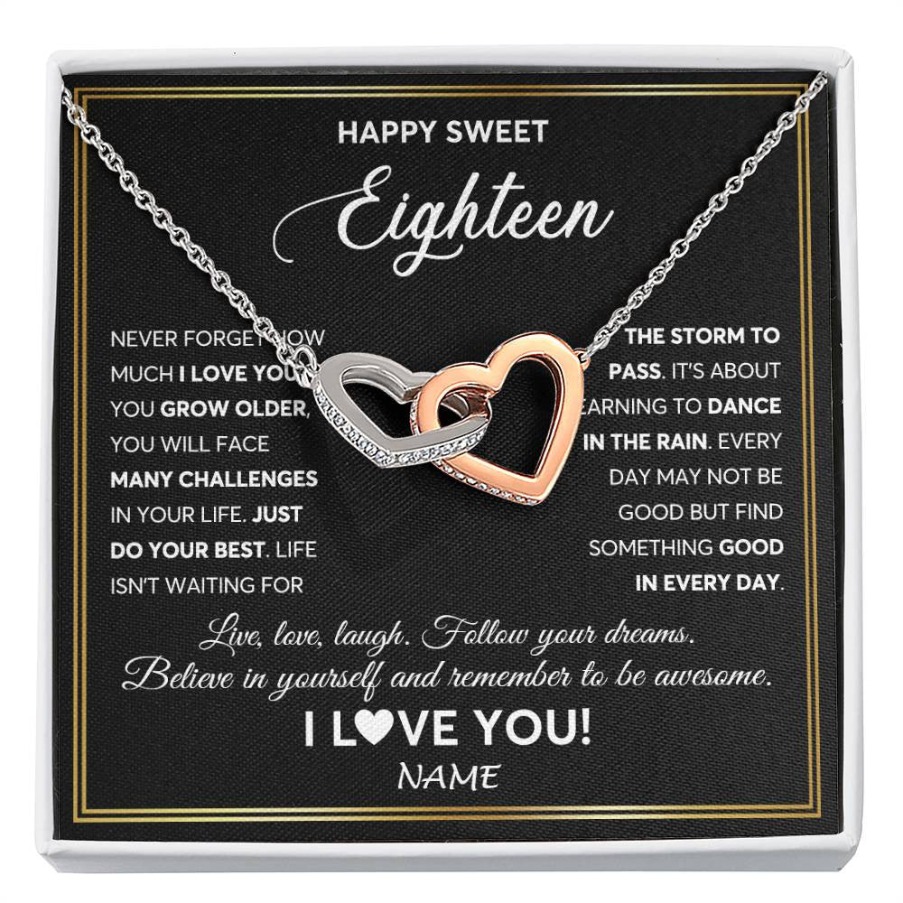 Interlocking Hearts Necklace Stainless Steel & Rose Gold Finish | Personalized Happy Sweet Eighteen Necklace Sweet 18 Gifts For Girls Birthday Jewelry 18 Eighteen Old Niece Daughter From Mom Dad Customized Gift Box Message Card | siriusteestore