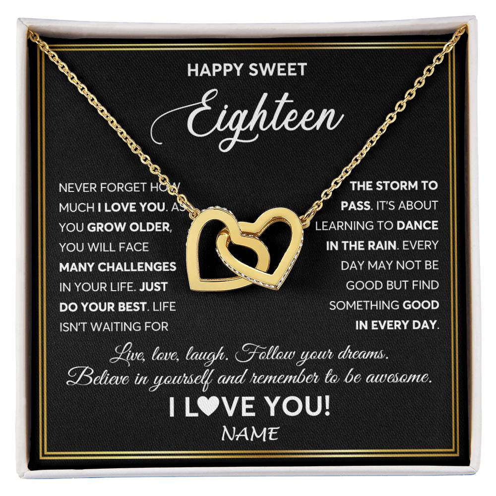 Interlocking Hearts Necklace 18K Yellow Gold Finish | Personalized Happy Sweet Eighteen Necklace Sweet 18 Gifts For Girls Birthday Jewelry 18 Eighteen Old Niece Daughter From Mom Dad Customized Gift Box Message Card | siriusteestore