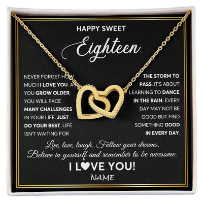 Interlocking Hearts Necklace 18K Yellow Gold Finish | Personalized Happy Sweet Eighteen Necklace Sweet 18 Gifts For Girls Birthday Jewelry 18 Eighteen Old Niece Daughter From Mom Dad Customized Gift Box Message Card | siriusteestore