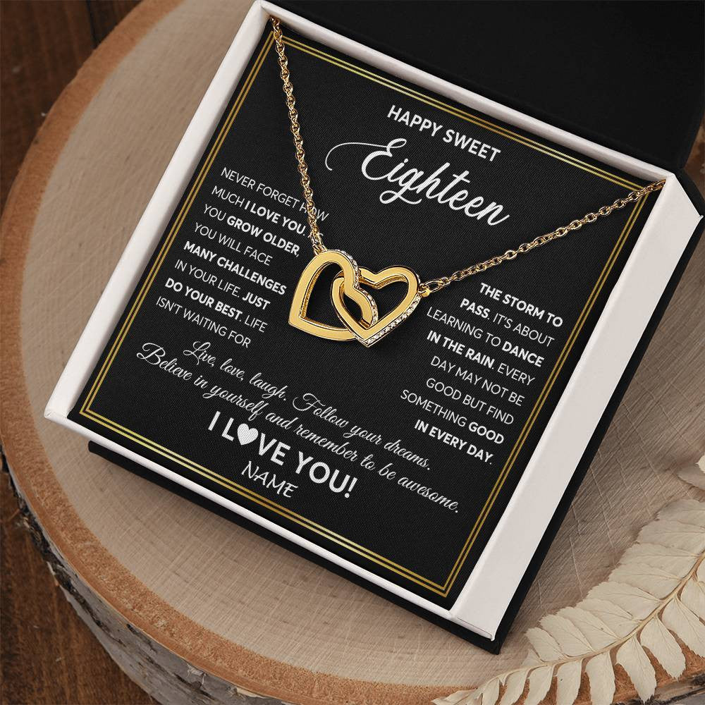 Interlocking Hearts Necklace 18K Yellow Gold Finish | Personalized Happy Sweet Eighteen Necklace Sweet 18 Gifts For Girls Birthday Jewelry 18 Eighteen Old Niece Daughter From Mom Dad Customized Gift Box Message Card | siriusteestore