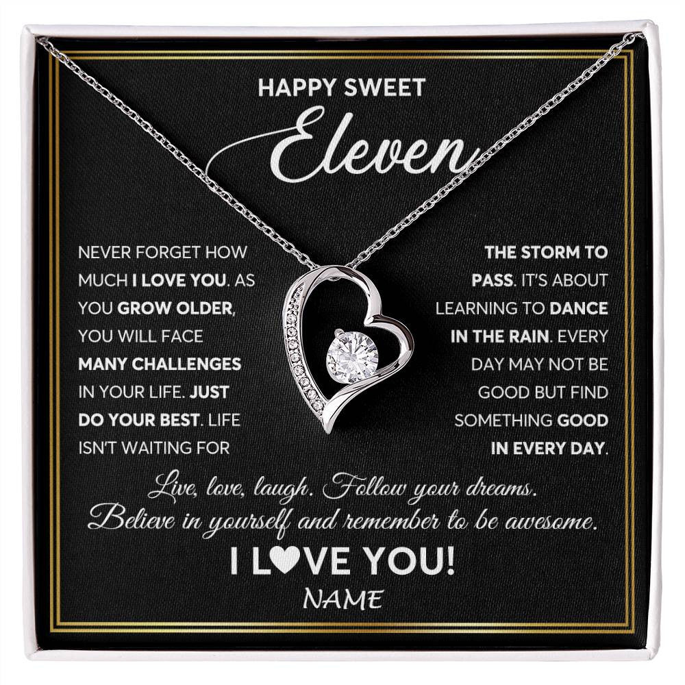 Forever Love Necklace 14K White Gold Finish | Personalized Happy Sweet Eleven Necklace Sweet 11 Gifts For Girls Birthday Jewelry 11 Eleven Old Niece Daughter From Mom Dad Customized Gift Box Message Card | siriusteestore