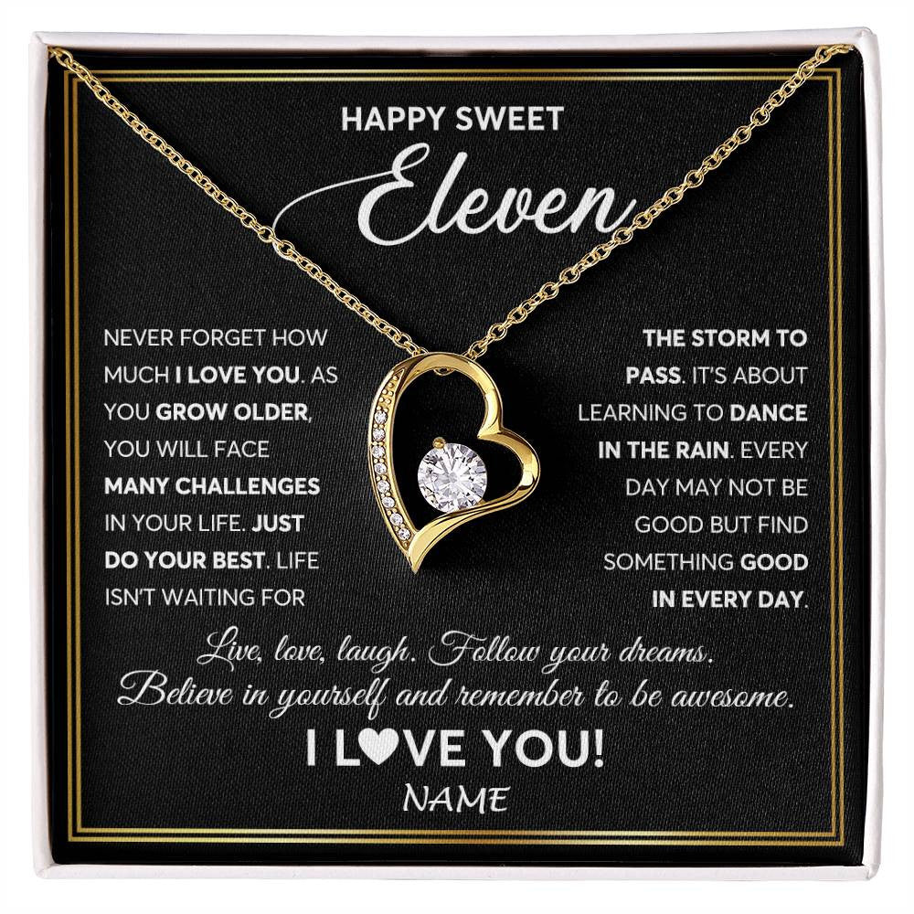 Forever Love Necklace 18K Yellow Gold Finish | Personalized Happy Sweet Eleven Necklace Sweet 11 Gifts For Girls Birthday Jewelry 11 Eleven Old Niece Daughter From Mom Dad Customized Gift Box Message Card | siriusteestore