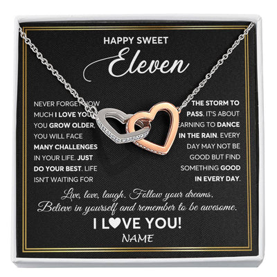 Interlocking Hearts Necklace Stainless Steel & Rose Gold Finish | Personalized Happy Sweet Eleven Necklace Sweet 11 Gifts For Girls Birthday Jewelry 11 Eleven Old Niece Daughter From Mom Dad Customized Gift Box Message Card | siriusteestore