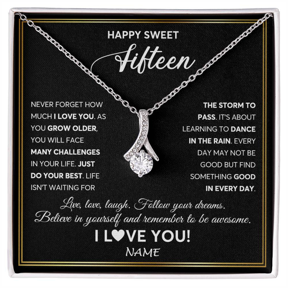 Alluring Beauty Necklace 14K White Gold Finish | Personalized Happy Sweet Fifteen Necklace Sweet 15 Gifts For Girls Birthday Jewelry 15 Fifteen Old Niece Daughter From Mom Dad Customized Gift Box Message Card | siriusteestore