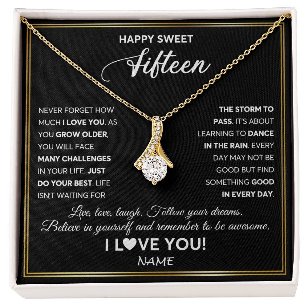 Alluring Beauty Necklace 18K Yellow Gold Finish | Personalized Happy Sweet Fifteen Necklace Sweet 15 Gifts For Girls Birthday Jewelry 15 Fifteen Old Niece Daughter From Mom Dad Customized Gift Box Message Card | siriusteestore