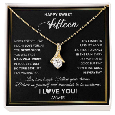 Alluring Beauty Necklace 18K Yellow Gold Finish | Personalized Happy Sweet Fifteen Necklace Sweet 15 Gifts For Girls Birthday Jewelry 15 Fifteen Old Niece Daughter From Mom Dad Customized Gift Box Message Card | siriusteestore