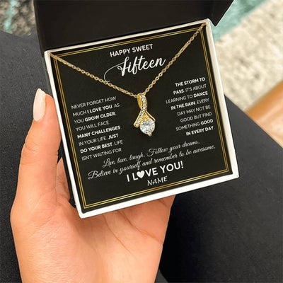Alluring Beauty Necklace 18K Yellow Gold Finish | Personalized Happy Sweet Fifteen Necklace Sweet 15 Gifts For Girls Birthday Jewelry 15 Fifteen Old Niece Daughter From Mom Dad Customized Gift Box Message Card | siriusteestore