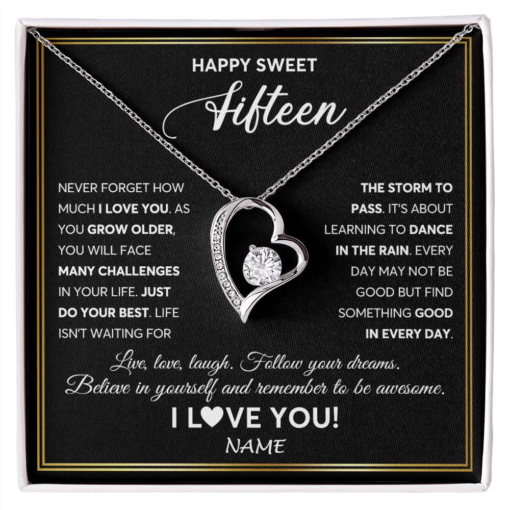 Forever Love Necklace 14K White Gold Finish | Personalized Happy Sweet Fifteen Necklace Sweet 15 Gifts For Girls Birthday Jewelry 15 Fifteen Old Niece Daughter From Mom Dad Customized Gift Box Message Card | siriusteestore