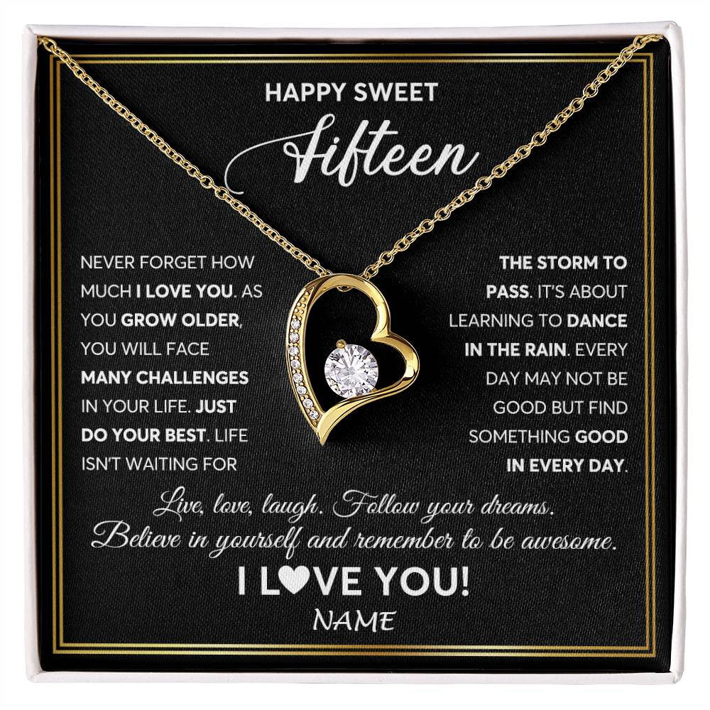 Forever Love Necklace 18K Yellow Gold Finish | Personalized Happy Sweet Fifteen Necklace Sweet 15 Gifts For Girls Birthday Jewelry 15 Fifteen Old Niece Daughter From Mom Dad Customized Gift Box Message Card | siriusteestore