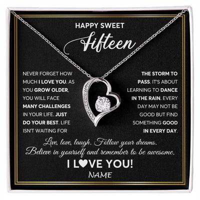 Forever Love Necklace 14K White Gold Finish | Personalized Happy Sweet Fifteen Necklace Sweet 15 Gifts For Girls Birthday Jewelry 15 Fifteen Old Niece Daughter From Mom Dad Customized Gift Box Message Card | siriusteestore