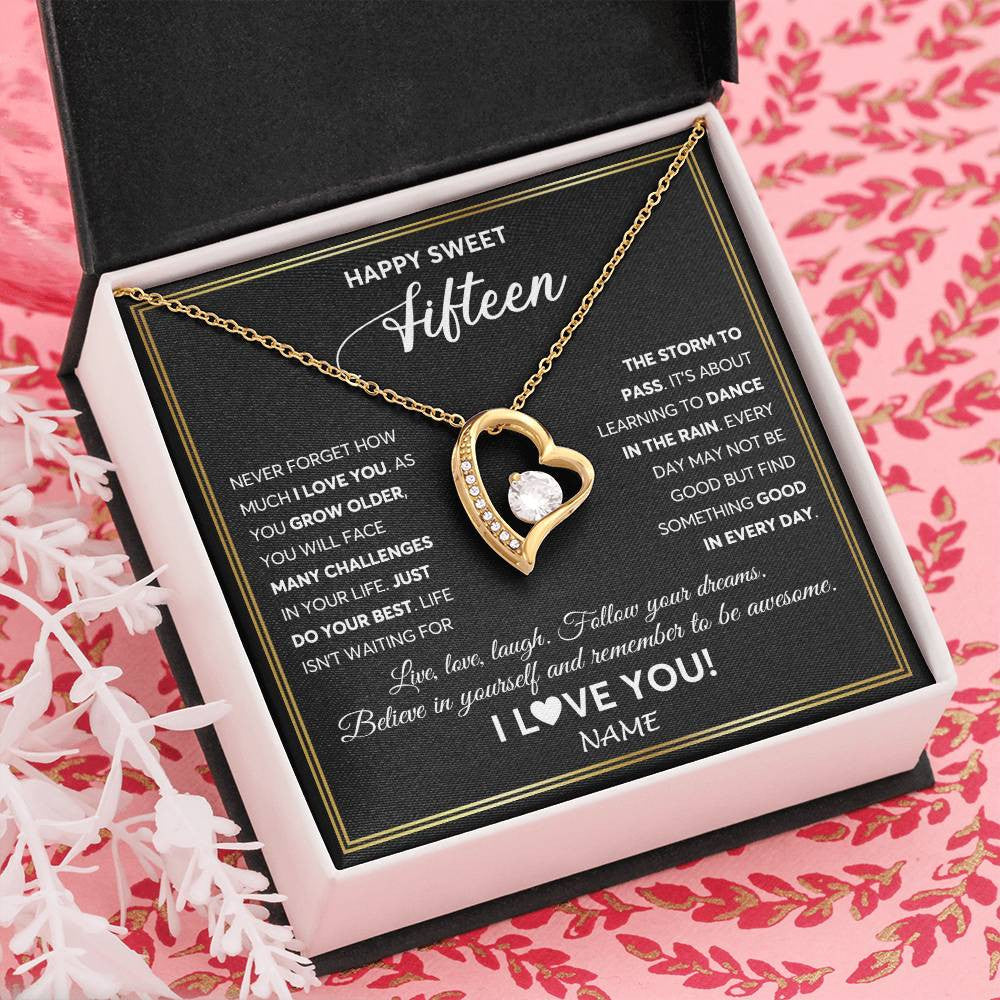 Forever Love Necklace 18K Yellow Gold Finish | Personalized Happy Sweet Fifteen Necklace Sweet 15 Gifts For Girls Birthday Jewelry 15 Fifteen Old Niece Daughter From Mom Dad Customized Gift Box Message Card | siriusteestore