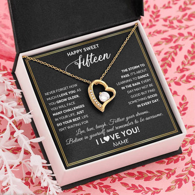 Forever Love Necklace 18K Yellow Gold Finish | Personalized Happy Sweet Fifteen Necklace Sweet 15 Gifts For Girls Birthday Jewelry 15 Fifteen Old Niece Daughter From Mom Dad Customized Gift Box Message Card | siriusteestore