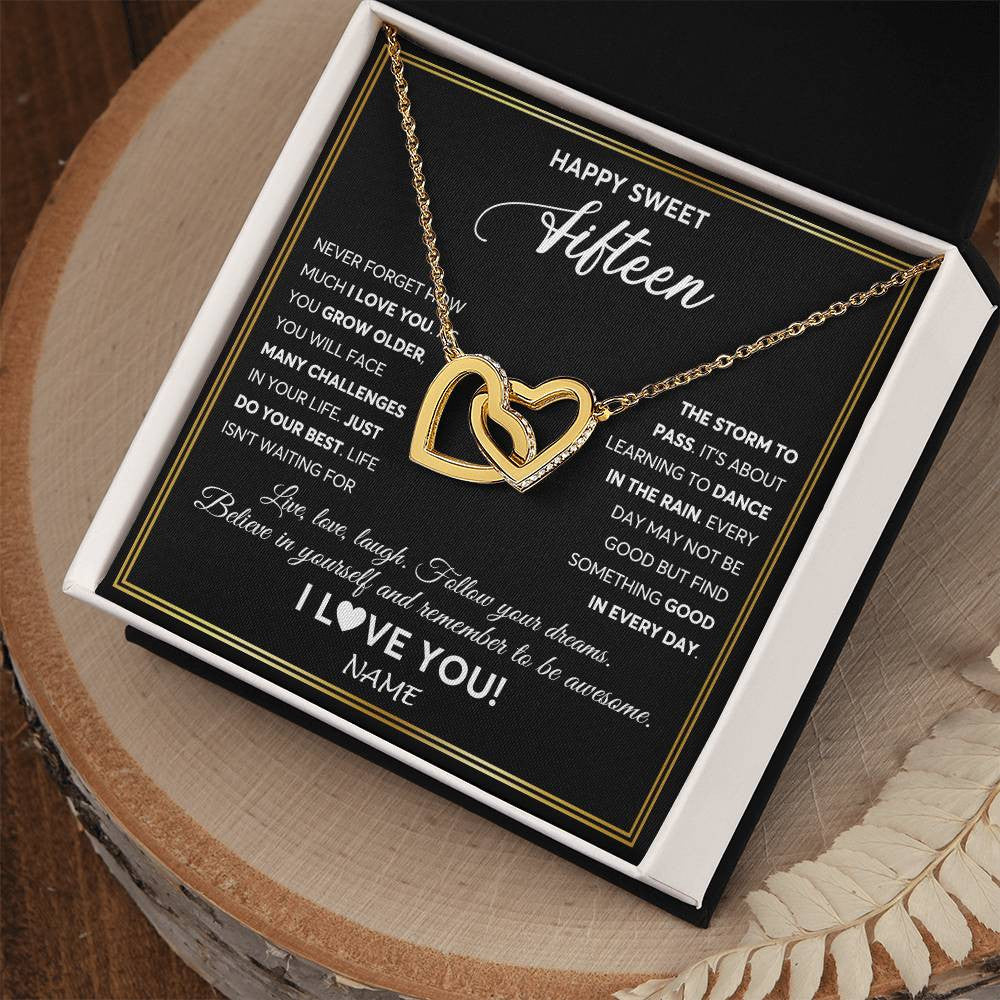 Interlocking Hearts Necklace 18K Yellow Gold Finish | Personalized Happy Sweet Fifteen Necklace Sweet 15 Gifts For Girls Birthday Jewelry 15 Fifteen Old Niece Daughter From Mom Dad Customized Gift Box Message Card | siriusteestore
