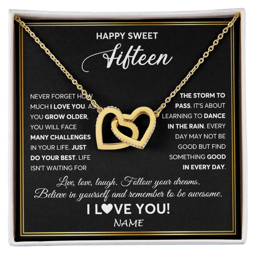 Interlocking Hearts Necklace 18K Yellow Gold Finish | Personalized Happy Sweet Fifteen Necklace Sweet 15 Gifts For Girls Birthday Jewelry 15 Fifteen Old Niece Daughter From Mom Dad Customized Gift Box Message Card | siriusteestore