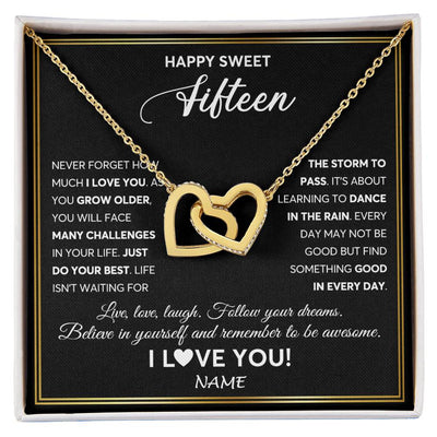 Interlocking Hearts Necklace 18K Yellow Gold Finish | Personalized Happy Sweet Fifteen Necklace Sweet 15 Gifts For Girls Birthday Jewelry 15 Fifteen Old Niece Daughter From Mom Dad Customized Gift Box Message Card | siriusteestore