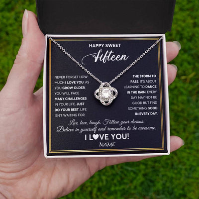 Love Knot Necklace 14K White Gold Finish | Personalized Happy Sweet Fifteen Necklace Sweet 15 Gifts For Girls Birthday Jewelry 15 Fifteen Old Niece Daughter From Mom Dad Customized Gift Box Message Card | siriusteestore