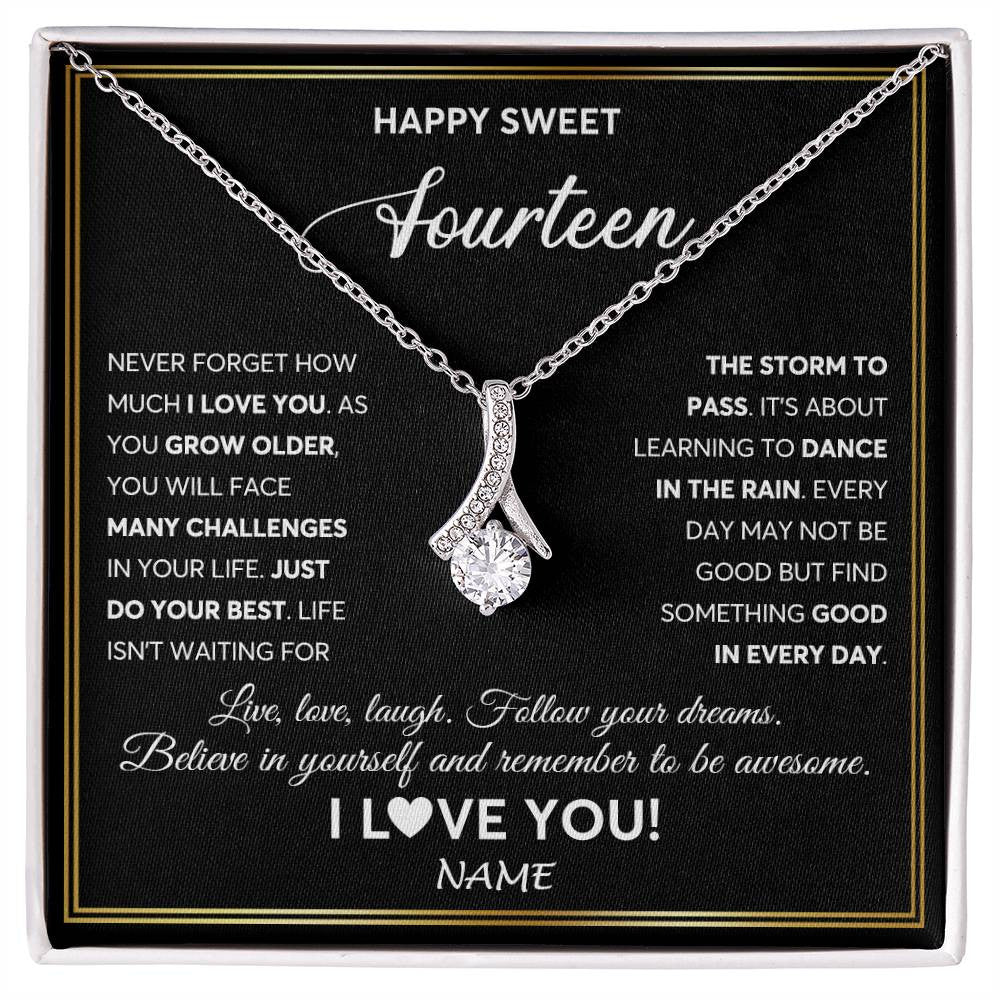 Alluring Beauty Necklace 14K White Gold Finish | Personalized Happy Sweet Fourteen Necklace Sweet 14 Gifts For Girls Birthday Jewelry 14 Fourteen Old Niece Daughter From Mom Dad Customized Gift Box Message Card | siriusteestore