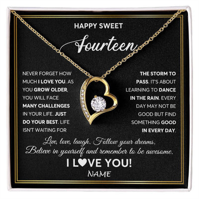 Forever Love Necklace 18K Yellow Gold Finish | Personalized Happy Sweet Fourteen Necklace Sweet 14 Gifts For Girls Birthday Jewelry 14 Fourteen Old Niece Daughter From Mom Dad Customized Gift Box Message Card | siriusteestore