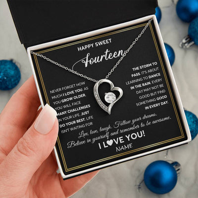 Forever Love Necklace 14K White Gold Finish | Personalized Happy Sweet Fourteen Necklace Sweet 14 Gifts For Girls Birthday Jewelry 14 Fourteen Old Niece Daughter From Mom Dad Customized Gift Box Message Card | siriusteestore