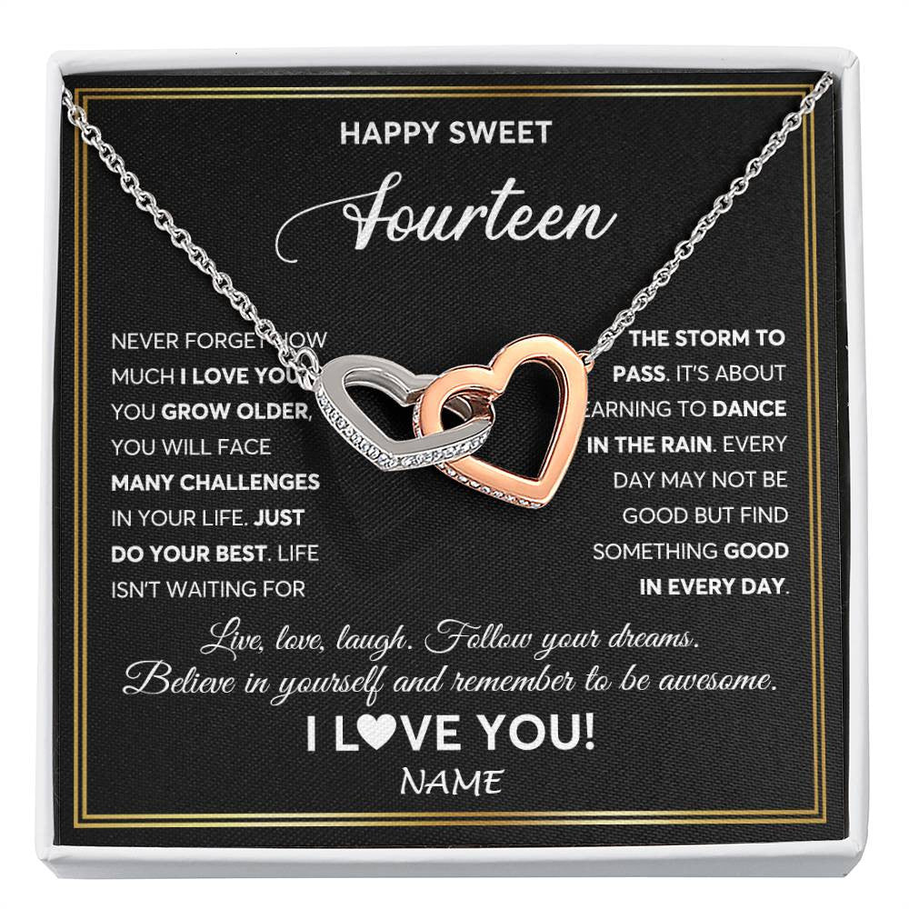 Interlocking Hearts Necklace Stainless Steel & Rose Gold Finish | Personalized Happy Sweet Fourteen Necklace Sweet 14 Gifts For Girls Birthday Jewelry 14 Fourteen Old Niece Daughter From Mom Dad Customized Gift Box Message Card | siriusteestore
