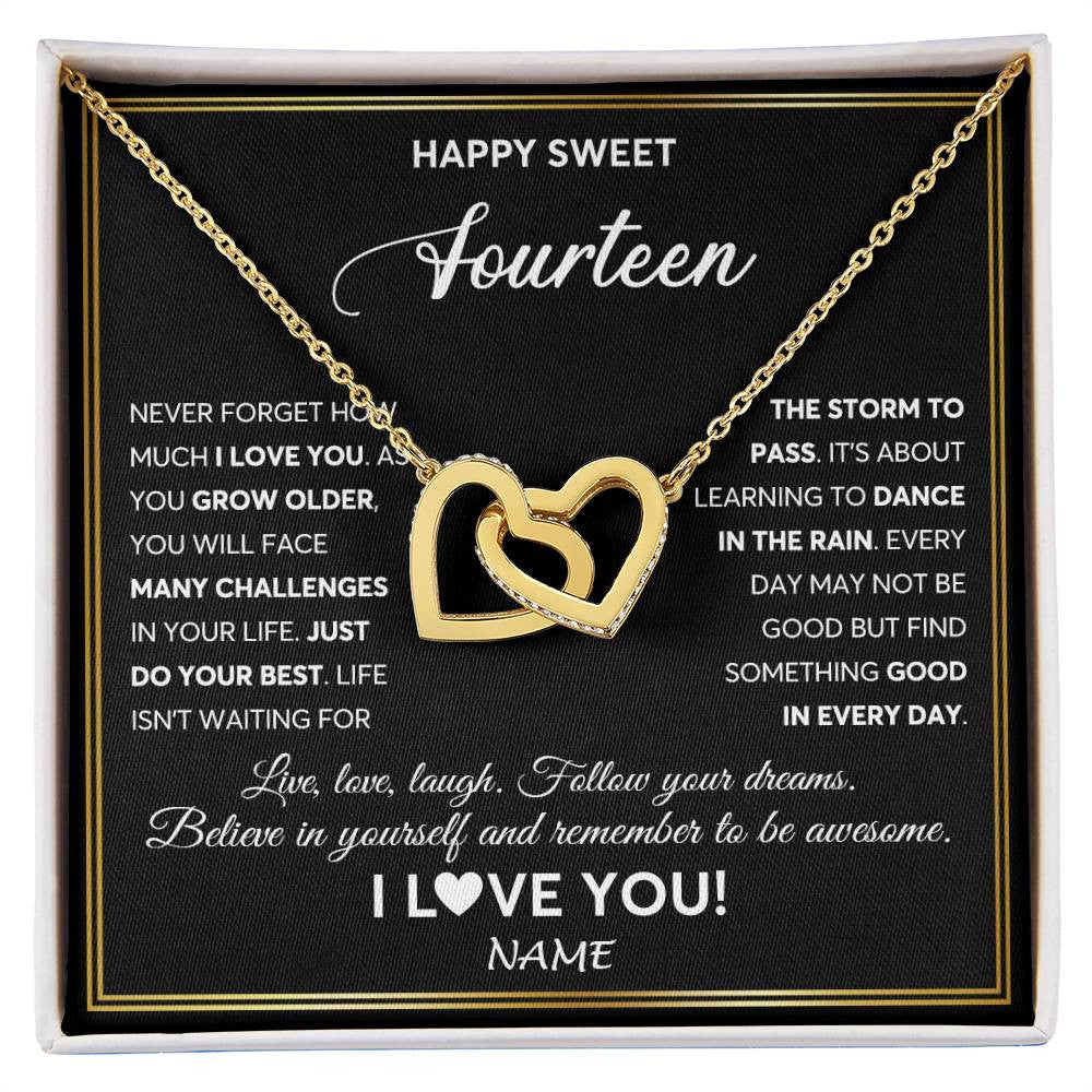 Interlocking Hearts Necklace 18K Yellow Gold Finish | Personalized Happy Sweet Fourteen Necklace Sweet 14 Gifts For Girls Birthday Jewelry 14 Fourteen Old Niece Daughter From Mom Dad Customized Gift Box Message Card | siriusteestore