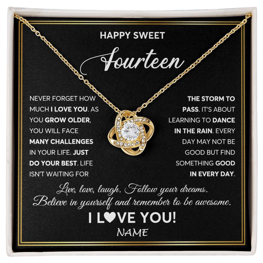 Love Knot Necklace 18K Yellow Gold Finish | Personalized Happy Sweet Fourteen Necklace Sweet 14 Gifts For Girls Birthday Jewelry 14 Fourteen Old Niece Daughter From Mom Dad Customized Gift Box Message Card | siriusteestore