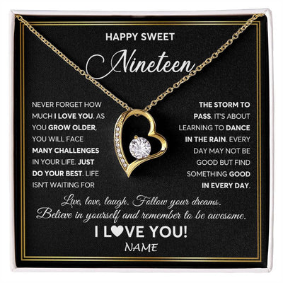 Forever Love Necklace 18K Yellow Gold Finish | Personalized Happy Sweet Nineteen Necklace Sweet 19 Gifts For Girls Birthday Jewelry 19 Nineteen Old Niece Daughter From Mom Dad Customized Gift Box Message Card | siriusteestore