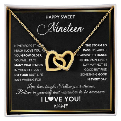 Interlocking Hearts Necklace 18K Yellow Gold Finish | Personalized Happy Sweet Nineteen Necklace Sweet 19 Gifts For Girls Birthday Jewelry 19 Nineteen Old Niece Daughter From Mom Dad Customized Gift Box Message Card | siriusteestore