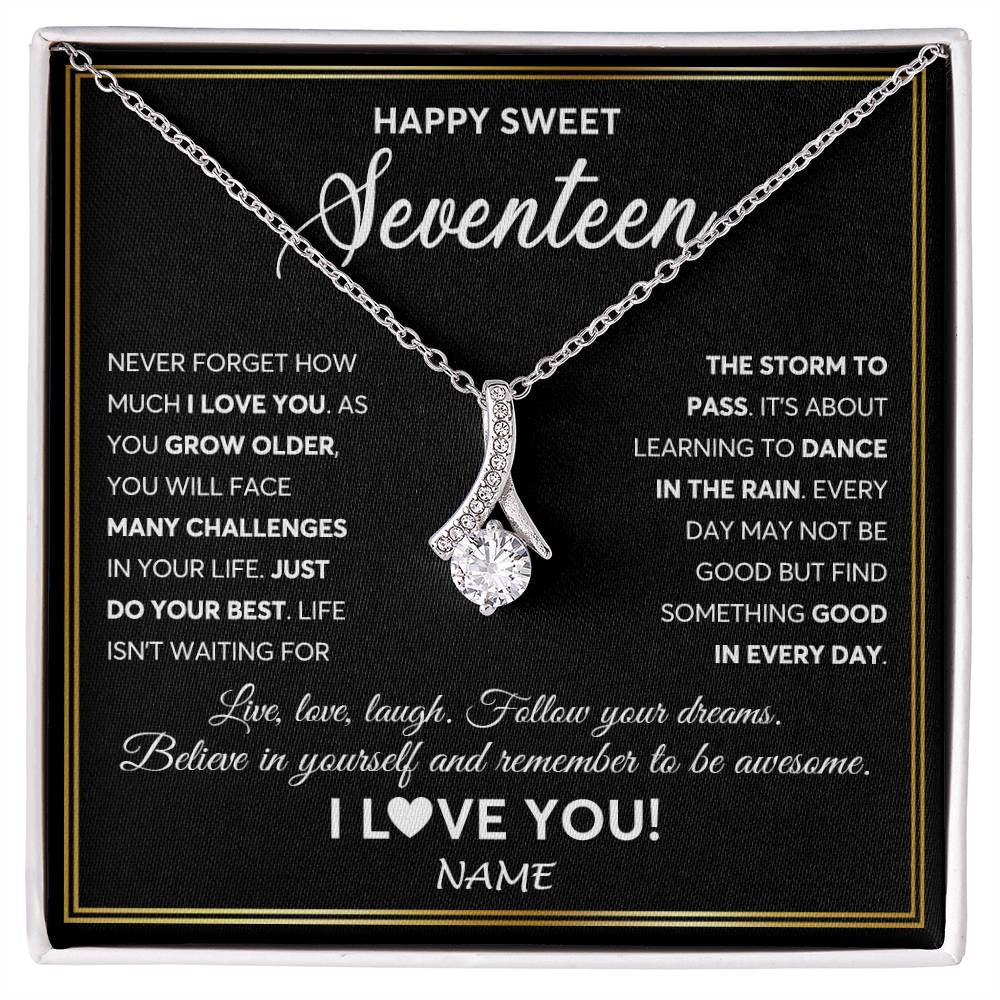 Alluring Beauty Necklace 14K White Gold Finish | Personalized Happy Sweet Seventeen Necklace Sweet 17 Gifts For Girls Birthday Jewelry 17 Seventeen Old Niece Daughter From Mom Dad Customized Gift Box Message Card | siriusteestore