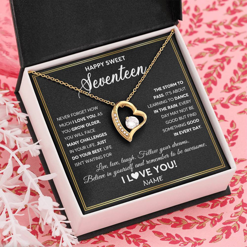 Forever Love Necklace 18K Yellow Gold Finish | Personalized Happy Sweet Seventeen Necklace Sweet 17 Gifts For Girls Birthday Jewelry 17 Seventeen Old Niece Daughter From Mom Dad Customized Gift Box Message Card | siriusteestore