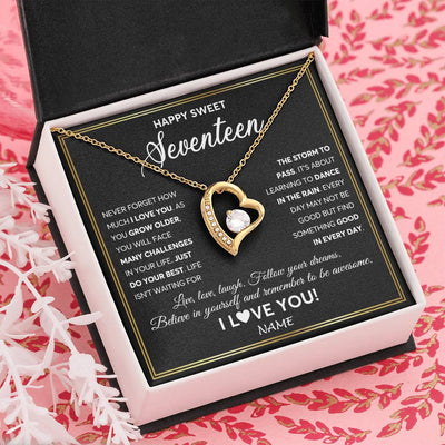 Forever Love Necklace 18K Yellow Gold Finish | Personalized Happy Sweet Seventeen Necklace Sweet 17 Gifts For Girls Birthday Jewelry 17 Seventeen Old Niece Daughter From Mom Dad Customized Gift Box Message Card | siriusteestore