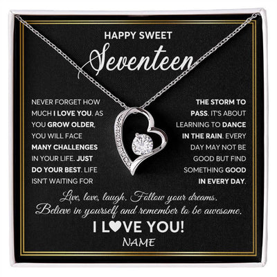 Forever Love Necklace 14K White Gold Finish | Personalized Happy Sweet Seventeen Necklace Sweet 17 Gifts For Girls Birthday Jewelry 17 Seventeen Old Niece Daughter From Mom Dad Customized Gift Box Message Card | siriusteestore