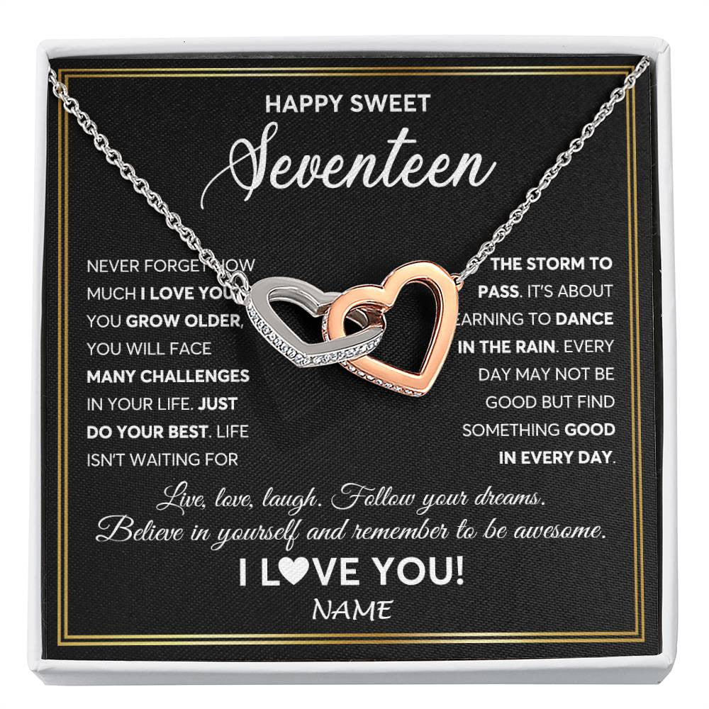 Interlocking Hearts Necklace Stainless Steel & Rose Gold Finish | Personalized Happy Sweet Seventeen Necklace Sweet 17 Gifts For Girls Birthday Jewelry 17 Seventeen Old Niece Daughter From Mom Dad Customized Gift Box Message Card | siriusteestore