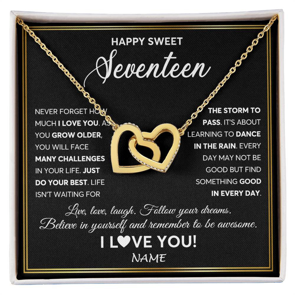 Interlocking Hearts Necklace 18K Yellow Gold Finish | Personalized Happy Sweet Seventeen Necklace Sweet 17 Gifts For Girls Birthday Jewelry 17 Seventeen Old Niece Daughter From Mom Dad Customized Gift Box Message Card | siriusteestore