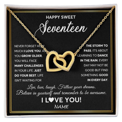 Interlocking Hearts Necklace 18K Yellow Gold Finish | Personalized Happy Sweet Seventeen Necklace Sweet 17 Gifts For Girls Birthday Jewelry 17 Seventeen Old Niece Daughter From Mom Dad Customized Gift Box Message Card | siriusteestore