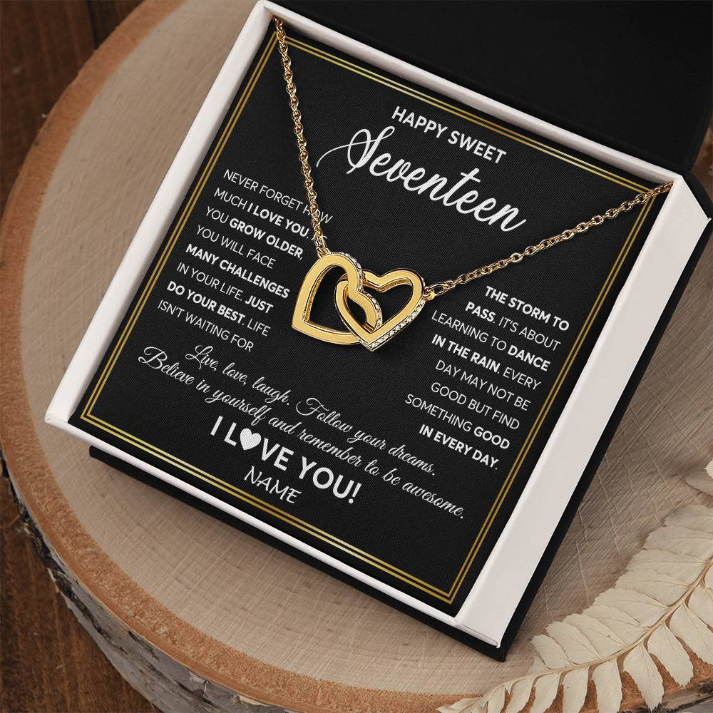 Interlocking Hearts Necklace 18K Yellow Gold Finish | Personalized Happy Sweet Seventeen Necklace Sweet 17 Gifts For Girls Birthday Jewelry 17 Seventeen Old Niece Daughter From Mom Dad Customized Gift Box Message Card | siriusteestore