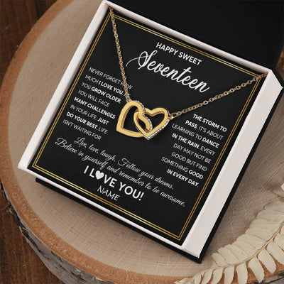 Interlocking Hearts Necklace 18K Yellow Gold Finish | Personalized Happy Sweet Seventeen Necklace Sweet 17 Gifts For Girls Birthday Jewelry 17 Seventeen Old Niece Daughter From Mom Dad Customized Gift Box Message Card | siriusteestore