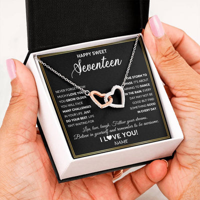 Interlocking Hearts Necklace Stainless Steel & Rose Gold Finish | Personalized Happy Sweet Seventeen Necklace Sweet 17 Gifts For Girls Birthday Jewelry 17 Seventeen Old Niece Daughter From Mom Dad Customized Gift Box Message Card | siriusteestore