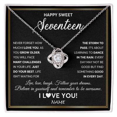 Love Knot Necklace 14K White Gold Finish | Personalized Happy Sweet Seventeen Necklace Sweet 17 Gifts For Girls Birthday Jewelry 17 Seventeen Old Niece Daughter From Mom Dad Customized Gift Box Message Card | siriusteestore